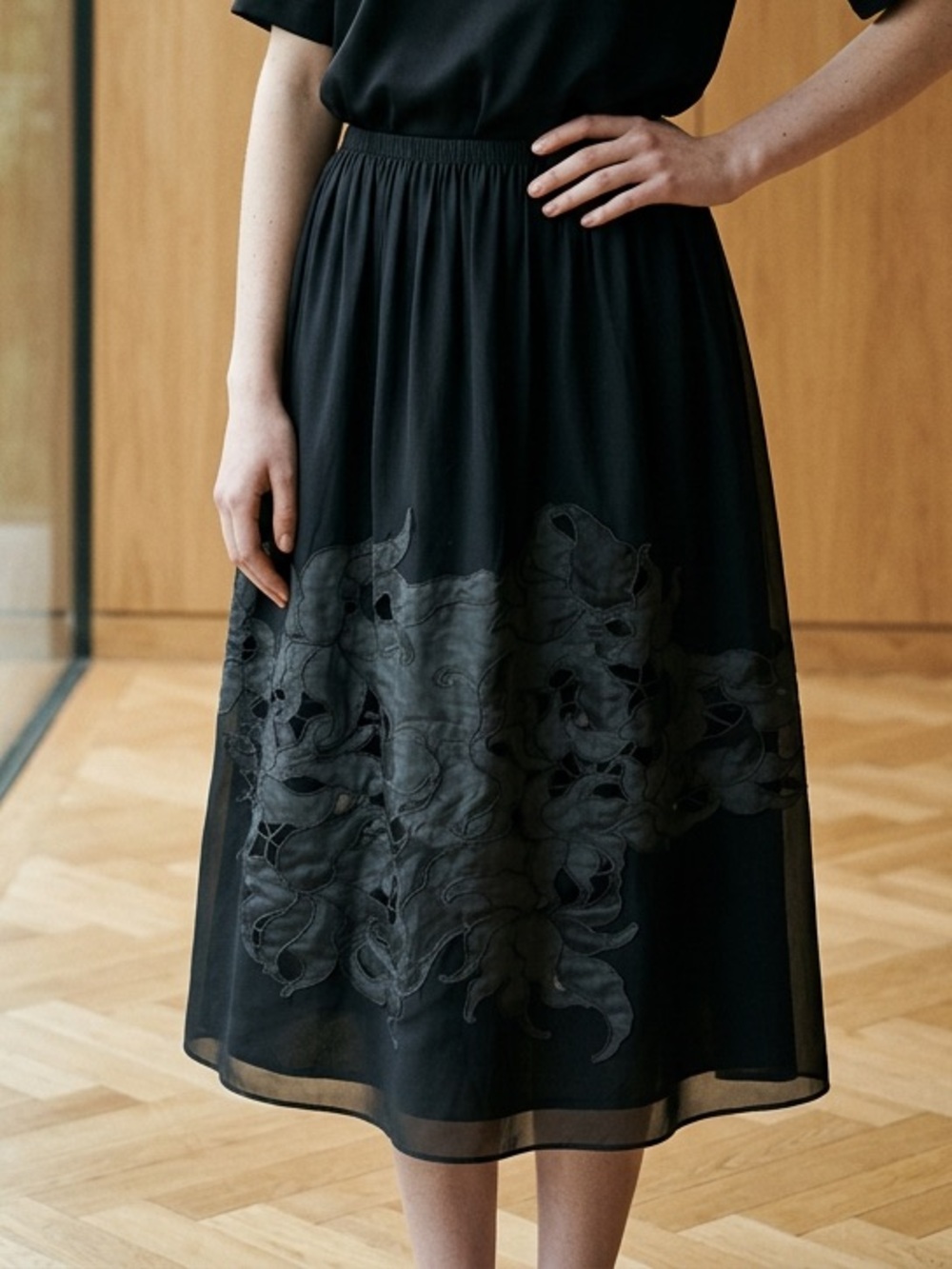 Vivienne Tam 100% Silk Appliqué Cutwork Skirt Sheer Overlay.